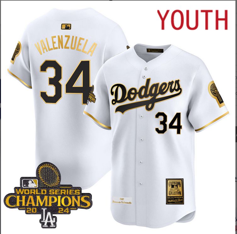 Youth  MLB Los Angeles Dodgers #34 Valenzuela white 2024 World Series Champions Patch Cooperstown Jersey style 3